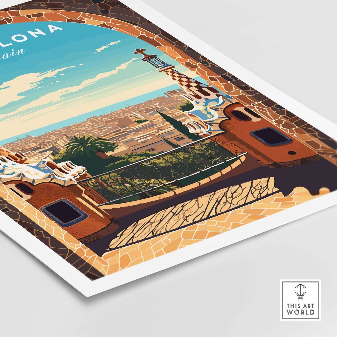 Barcelona Spain Park Guell View Gaudi Terrace Cityscape Poster - Image 4