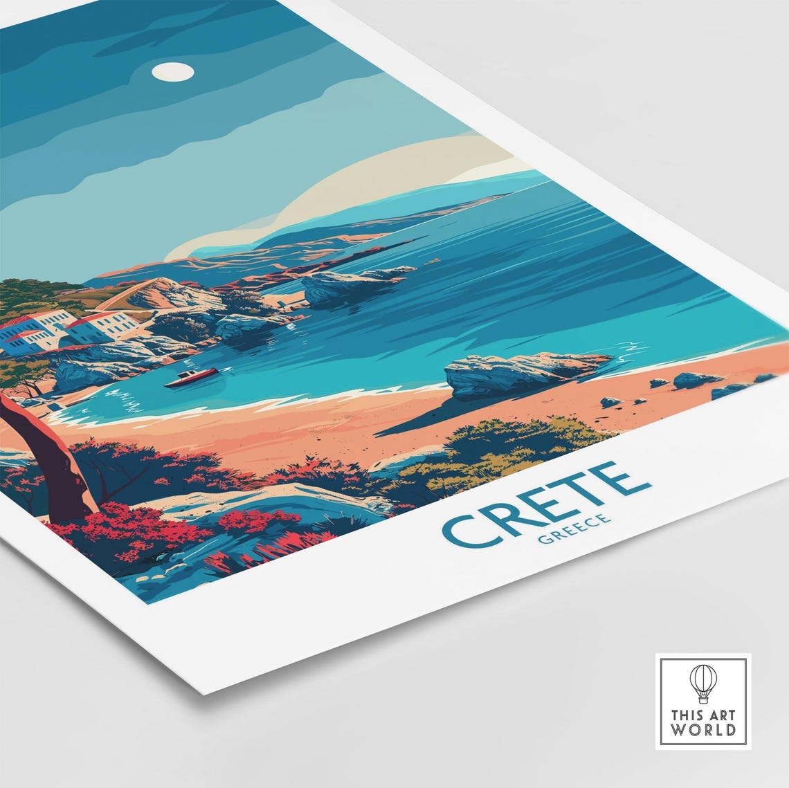 Crete Greece Moonlit Cove Beach White Houses Rocky Shore Island Poster - Image 4