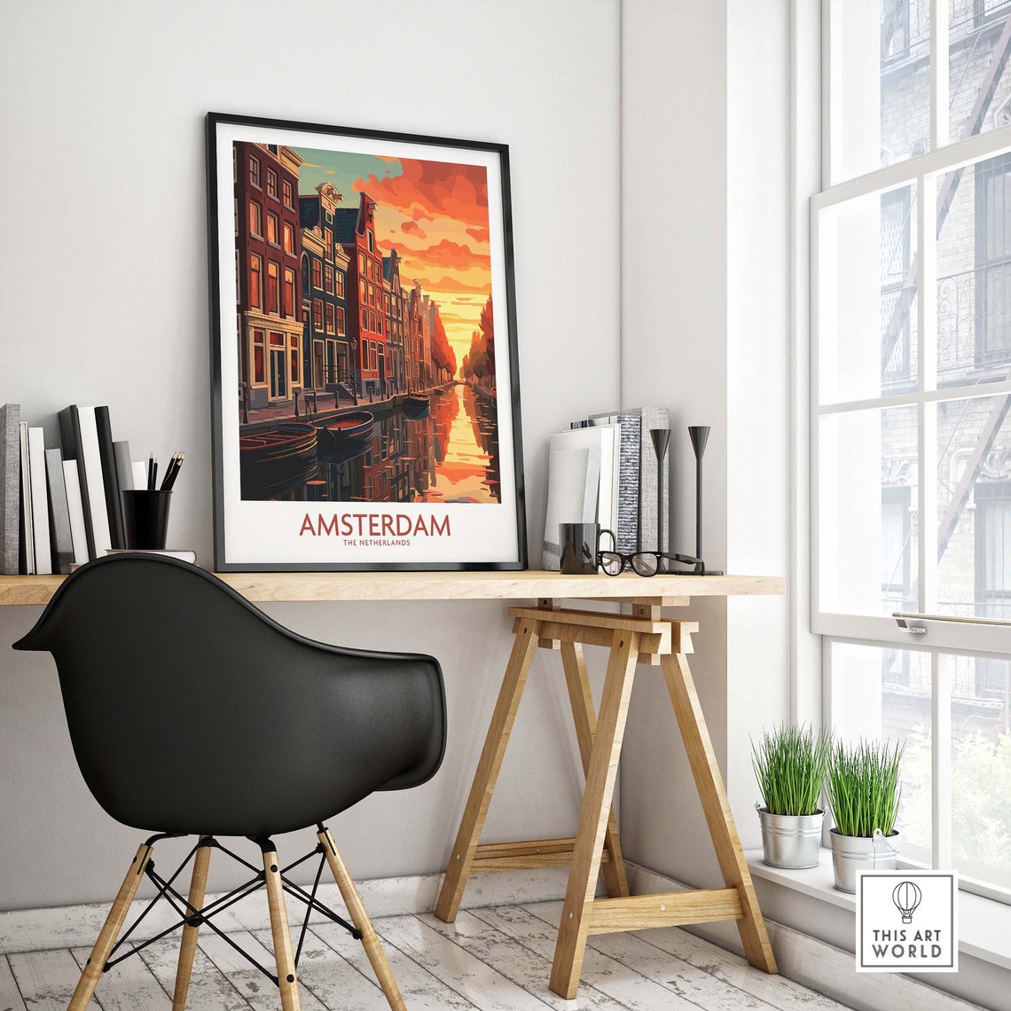 Amsterdam Canal Houses Sunset Bikes Boats Netherlands Travel Poster - Image 4