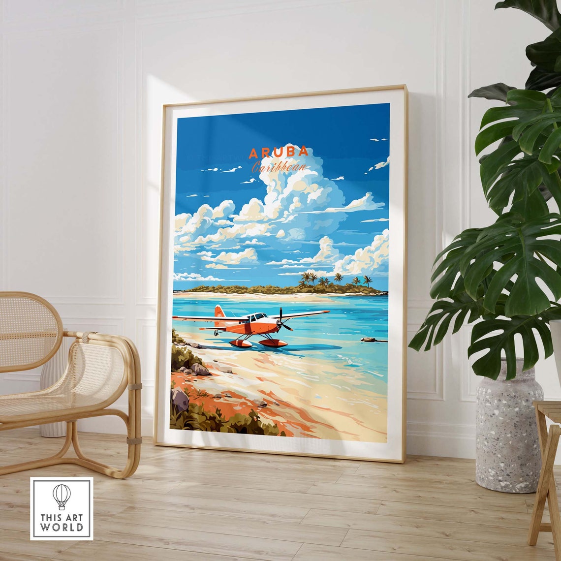 Aruba Caribbean Red Seaplane Vintage Cloud Illustration Travel Poster - Image 3