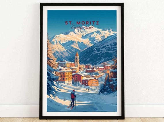St Moritz Travel Print Wall Art St Moritz Ski Resort Poster Winter Sports Artwork Adventure Home Decor Gift Art Lovers Ski Art Poster