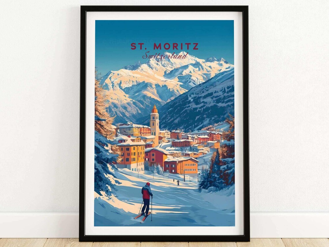 St Moritz Switzerland Daytime Village Church Tower with Skier Travel Poster