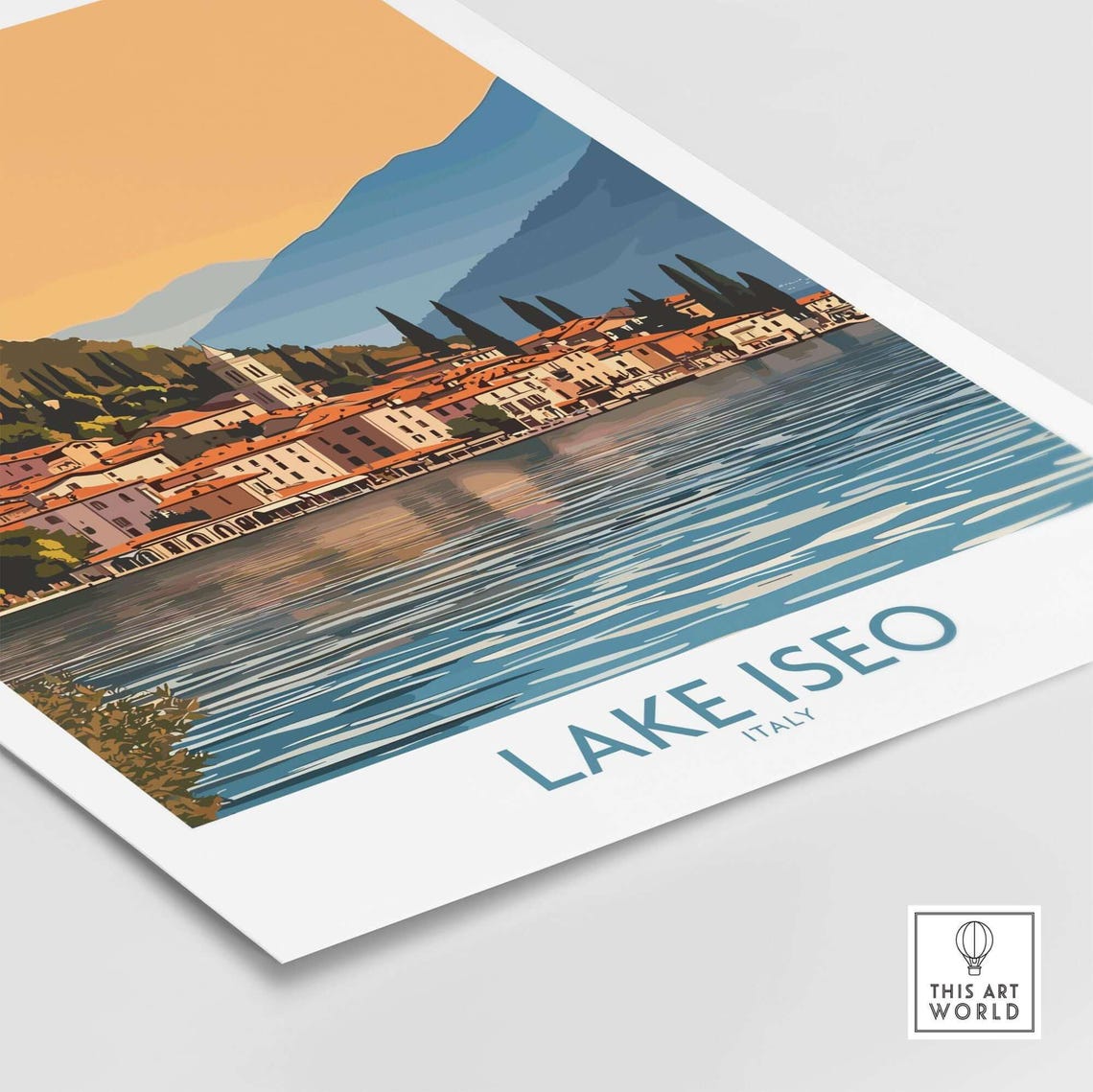 Lake Iseo Italy Sunset Over Lakeside Old Town Vintage Travel Poster - Image 4