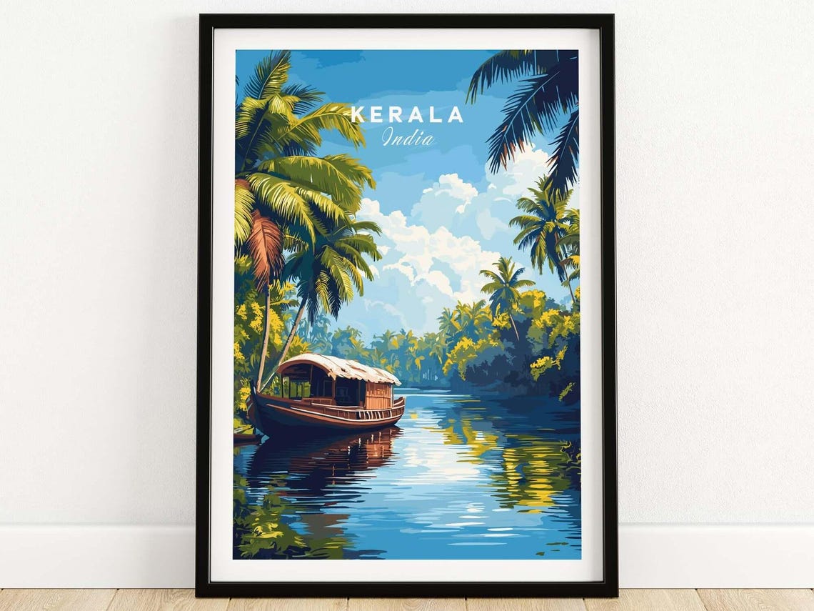 Kerala India Backwater Houseboat Palm Tree Sunset Travel Poster