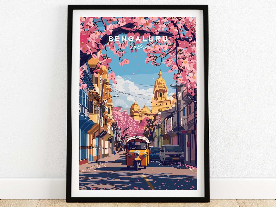 Bengaluru India Pink Blossom Street Tuk Tuk Travel Art Poster