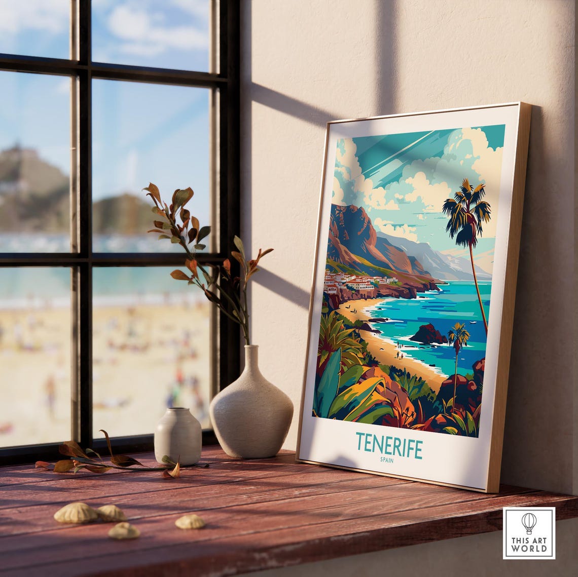 Retro Tenerife Spain Beach Cove Palm Volcanic Coastline Poster - Image 3