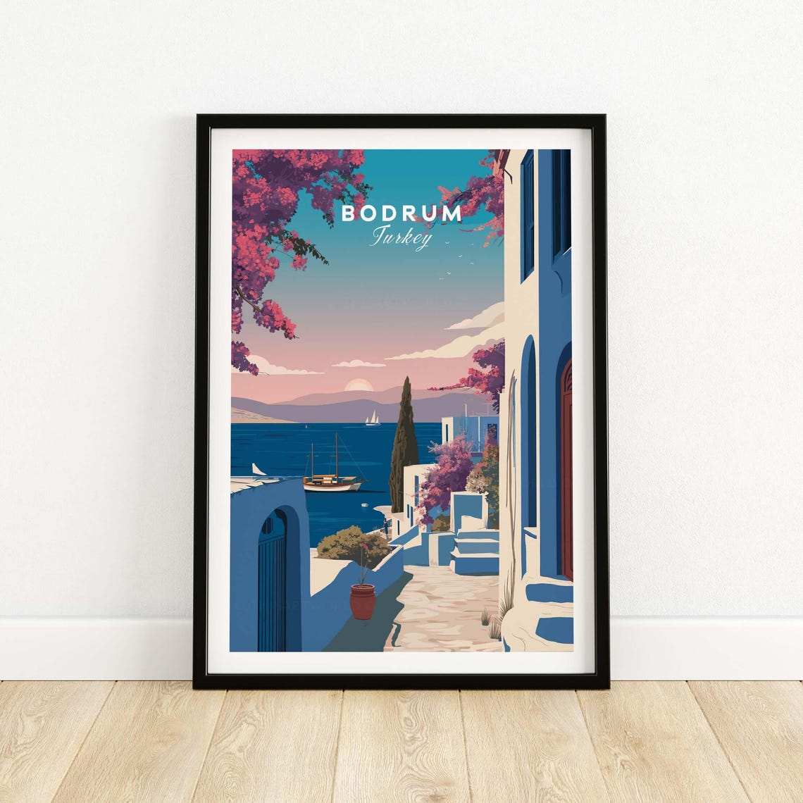 Bodrum Turkey Aegean Alley Bougainvillea Sea View Travel Poster