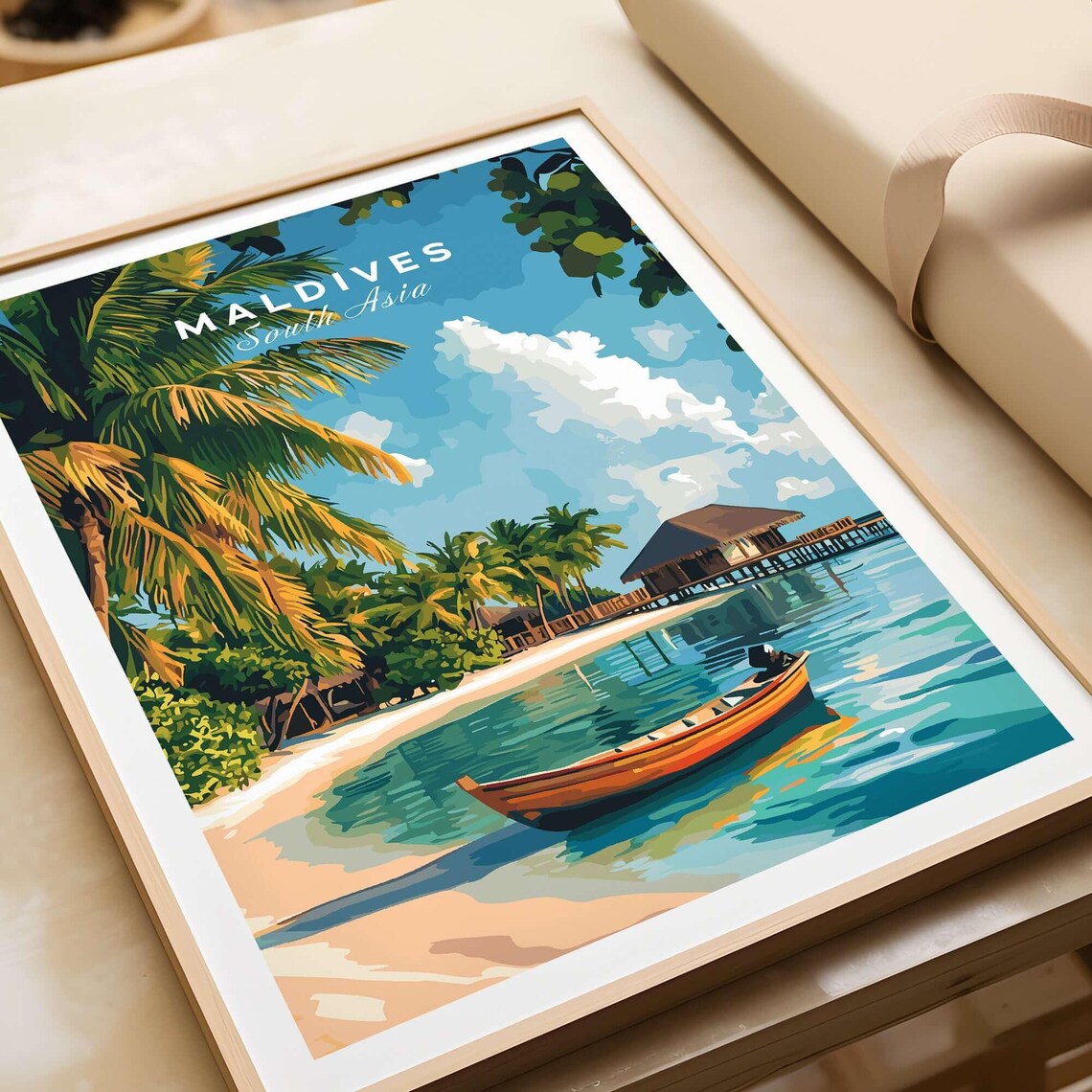 Maldives South Asia Palm Beach Wooden Boat Vintage Travel Poster - Image 3
