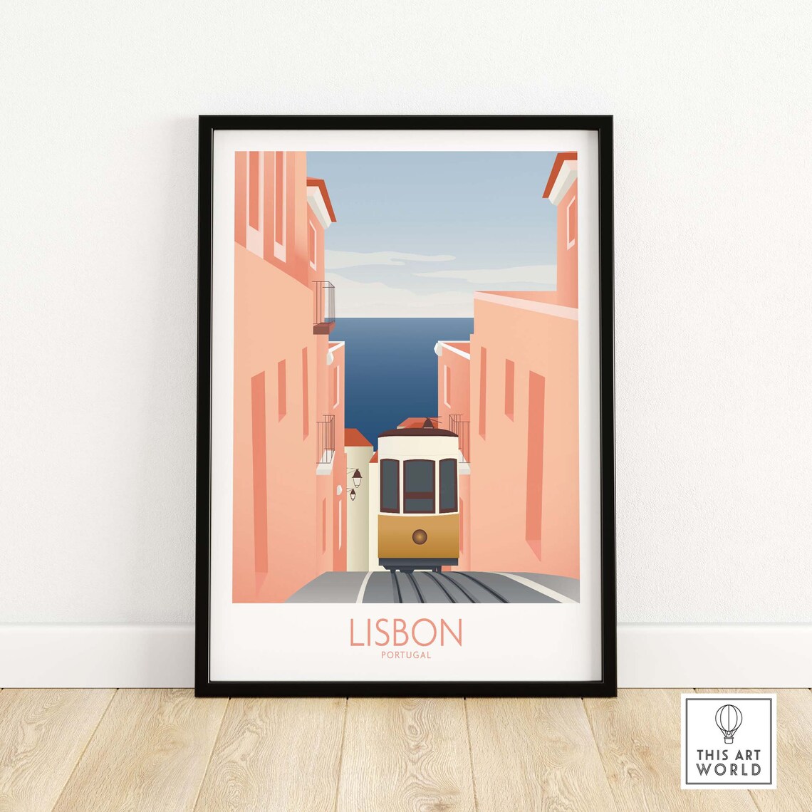 Lisbon Portugal Yellow Tram Narrow Pink Street Travel Poster