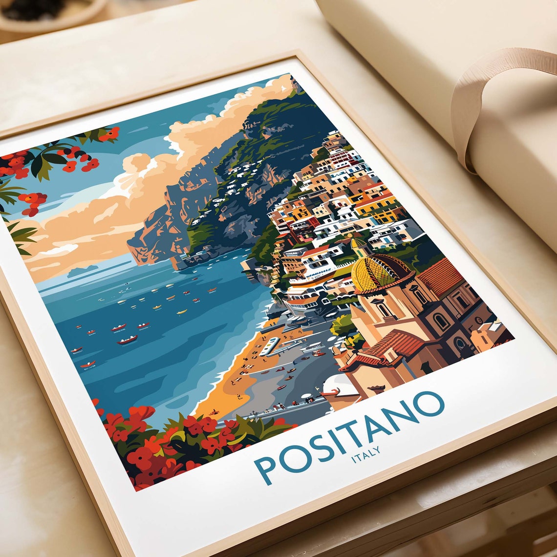 Positano Italy Beach Bay Tiled Dome Church Red Flowers Poster