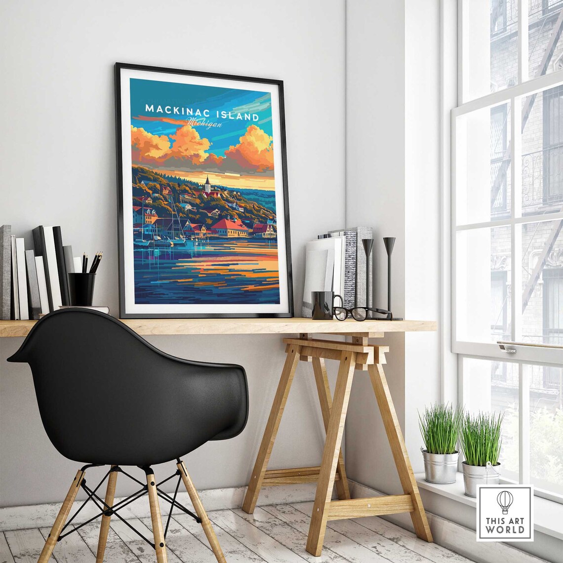 Mackinac Island Michigan Sunset Harbor Boats Hillside Village Poster - Image 4