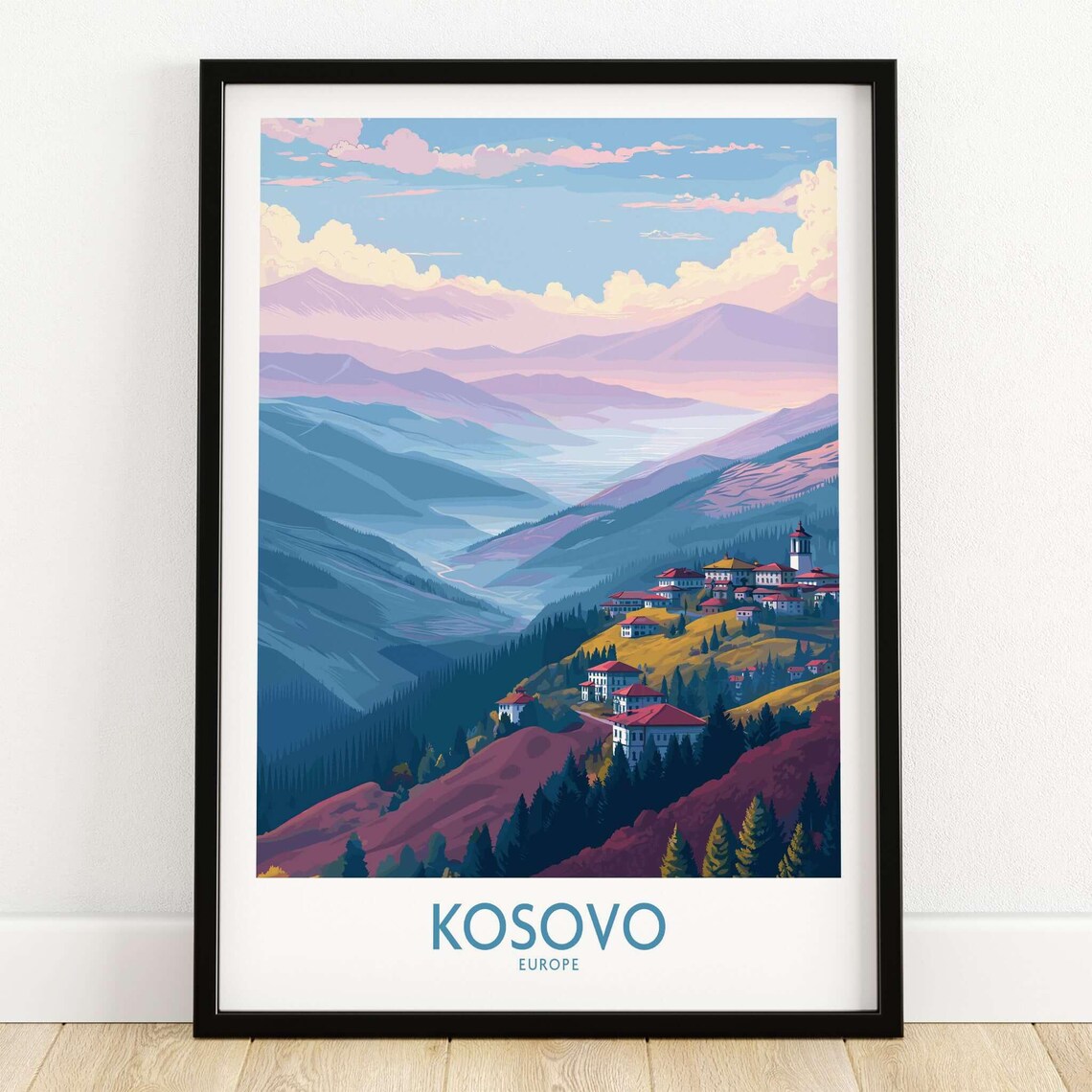 Kosovo Europe Pastel Mountain Village Church Valley Travel Poster