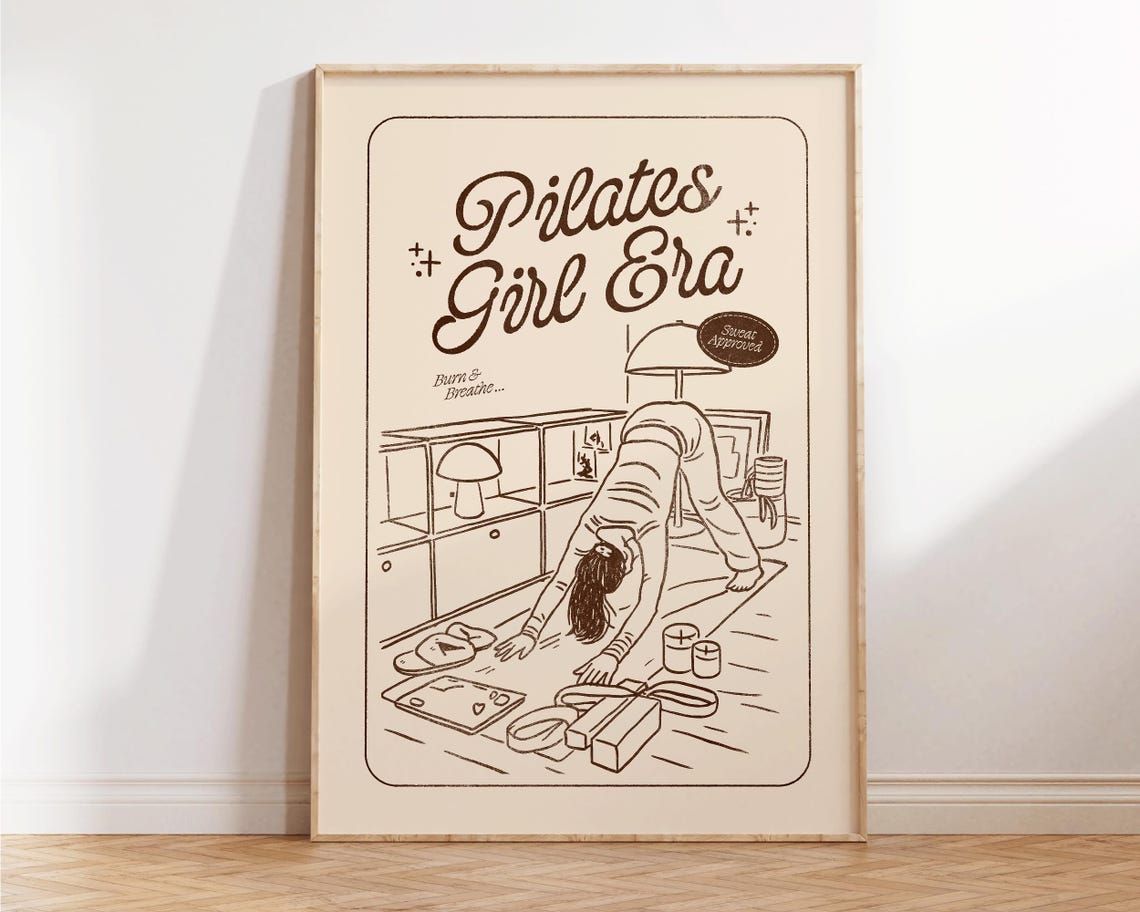 Pilates Girl Era Brown Line Art Home Stretch Workout Studio Poster