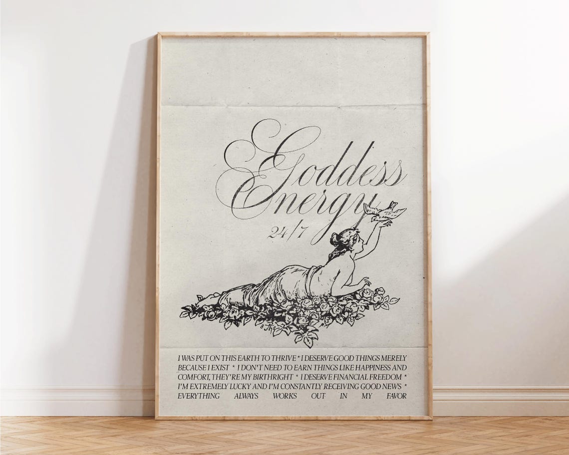 Goddess Energy 24/7 Vintage Script Affirmation Quote Art Print