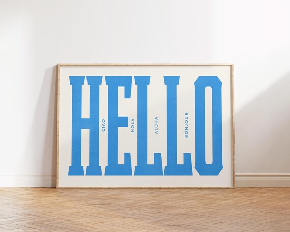 Hello Wall Art Ciao Hola Aloha Bonjour Typography Poster Preppy Apartment Decor Modern Quote Print Blue Bold Minimalist