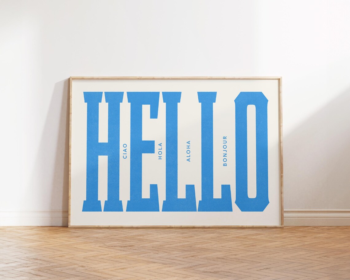 Hello Greeting Bold Blue Typography Wall Art With Ciao Hola Aloha Bonjour Accents