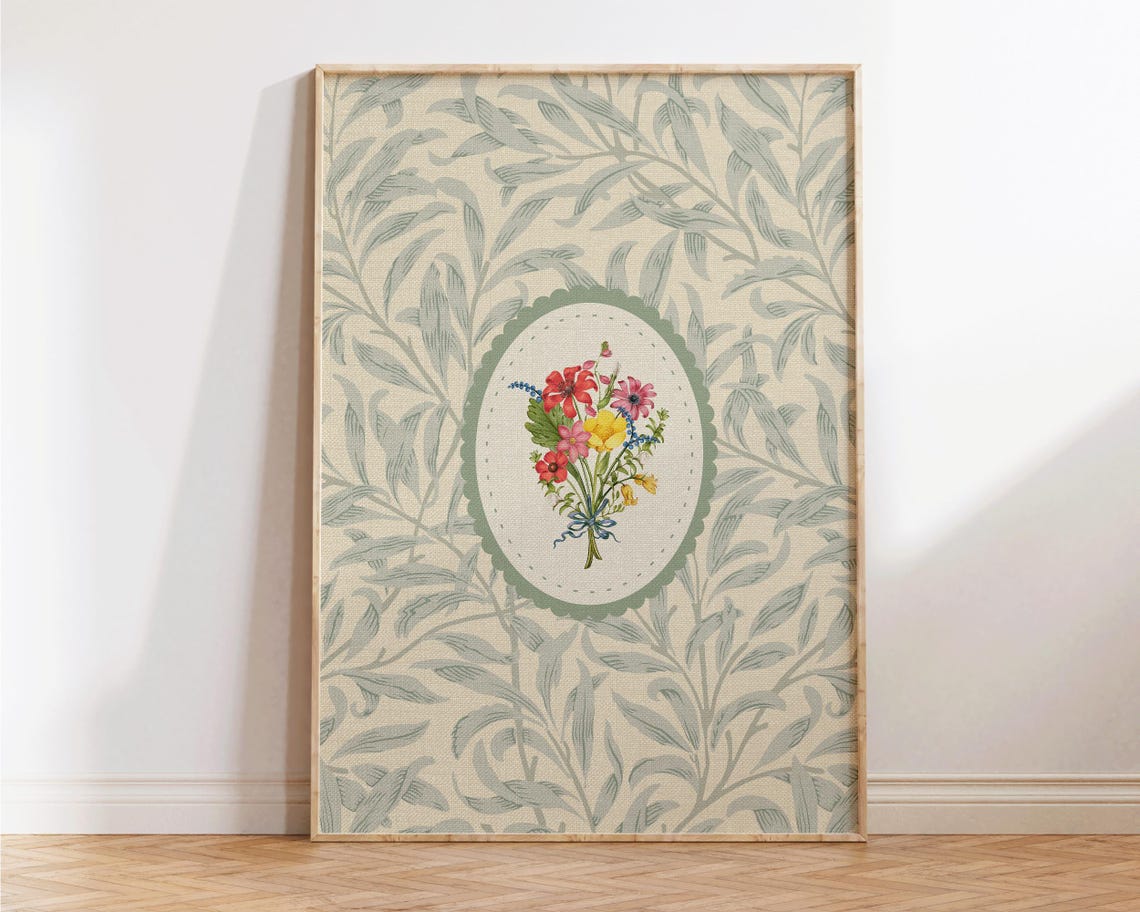 Vintage Wildflower Posy Oval Sage Botanical Leaf Framed Art Poster