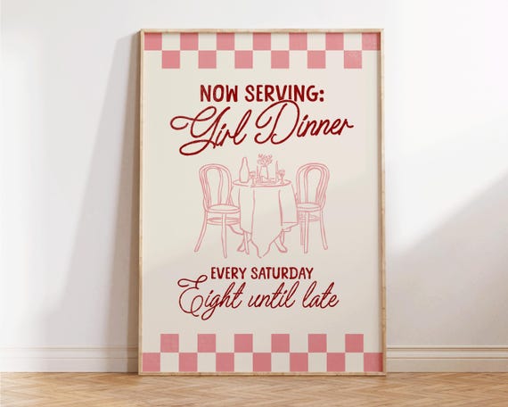 Girls Dinner Print Hot Girly Wall Art Retro Kitchen Preppy Apartment Decor Trendy Funny 90s