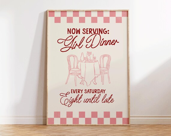 Now Serving Girl Dinner Pink Cafe Table Retro Kitchen Poster