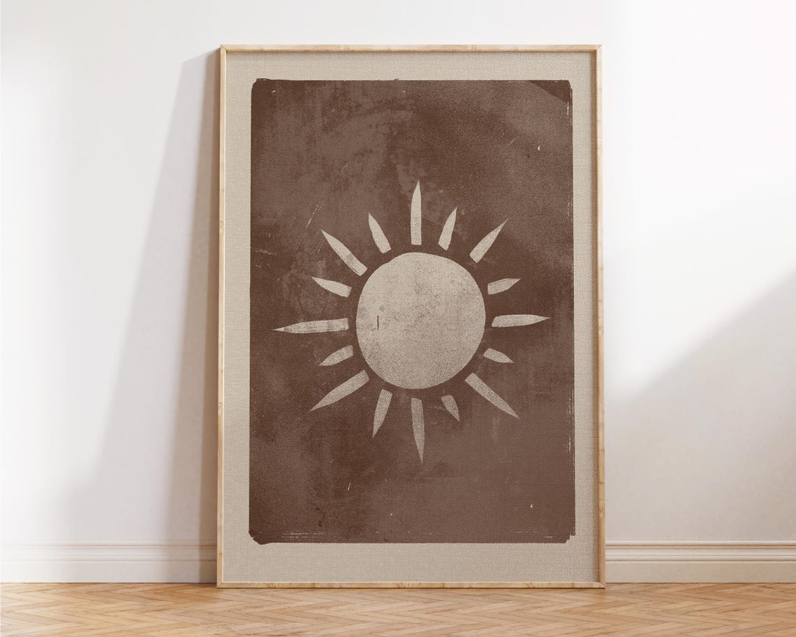 Le Soleil Cream Sun On Brown Textured Boho Vintage Decor Poster