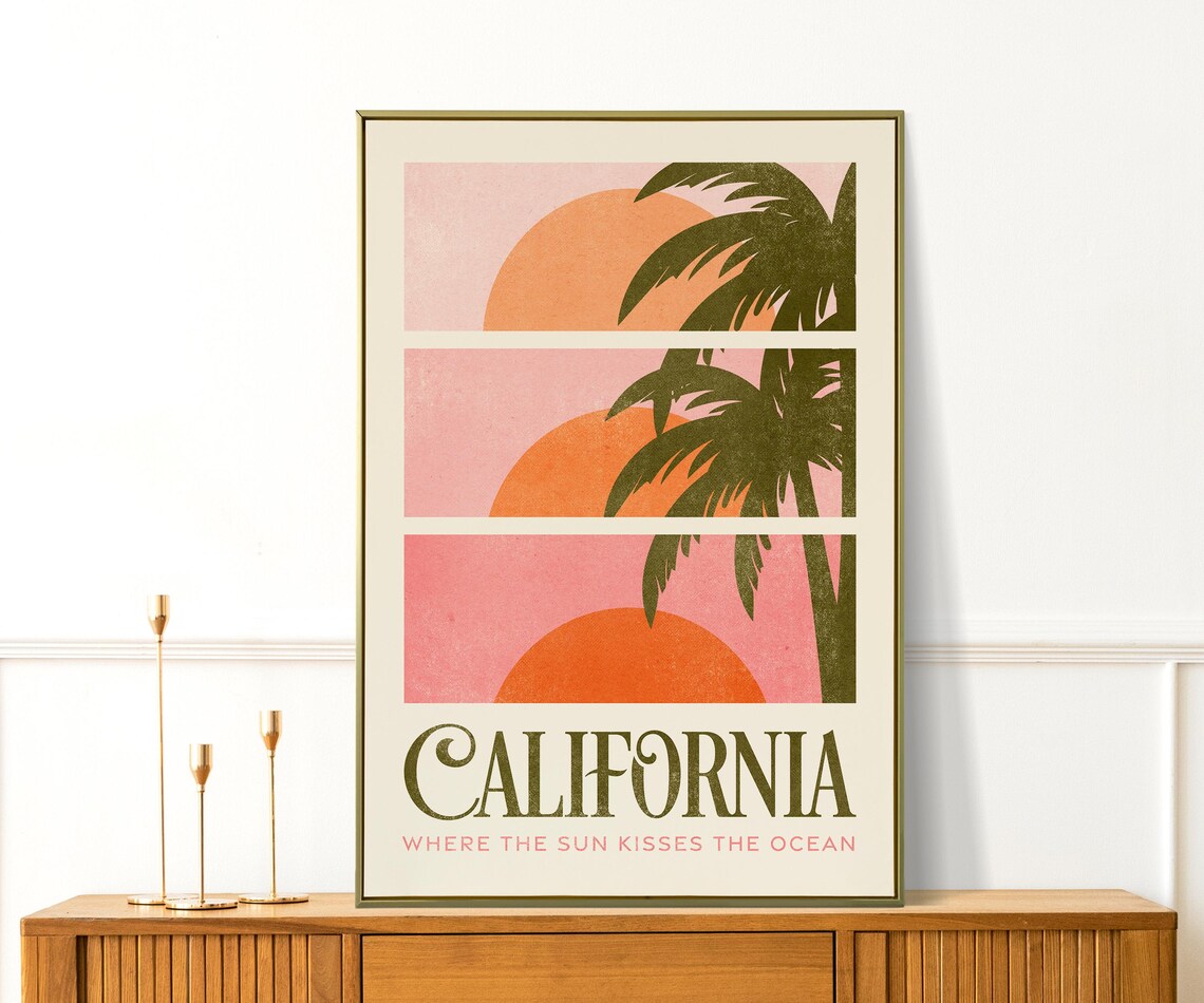 California Where the Sun Kisses the Ocean Retro Sunset Palm Poster