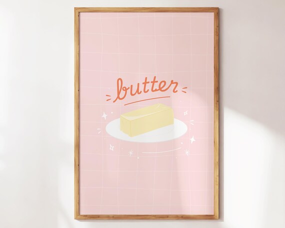 Butter Retro Script Pink Grid Cute Kitchen Food Illustration Poster