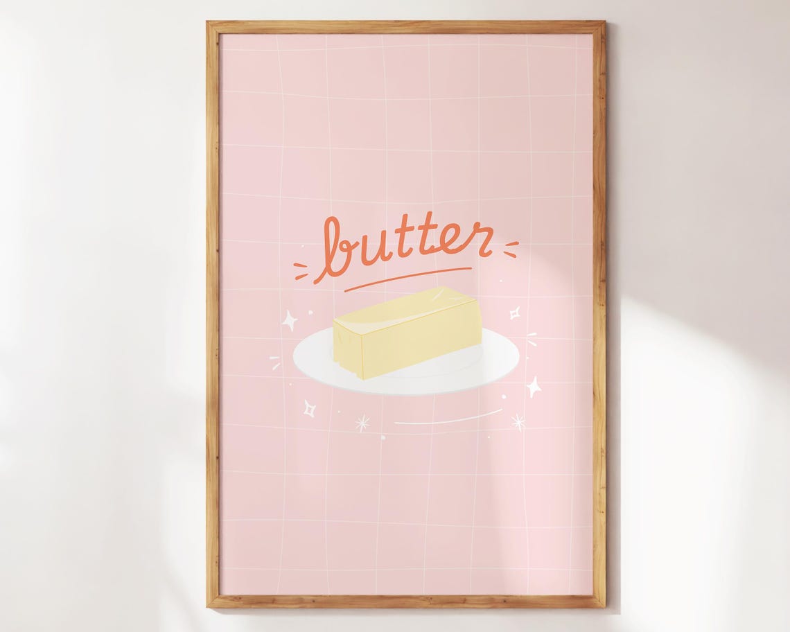 Butter Retro Script Pink Grid Cute Kitchen Food Illustration Poster