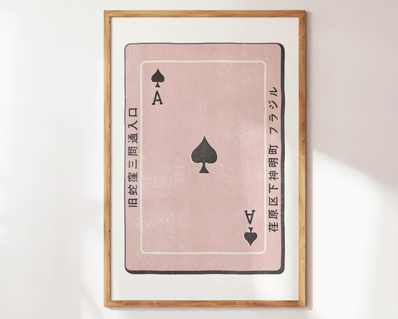 Pink Ace of Spades Japanese Text Playing Card Vintage Style Poster