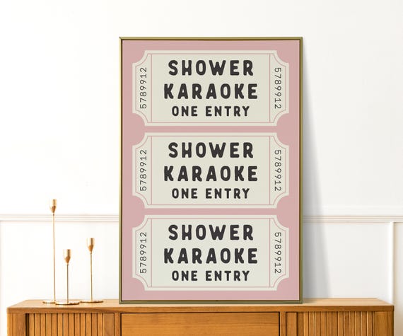 Shower Karaoke Ticket Print Bathroom Decor Singing Poster Retro Preppy Art Cute Wall