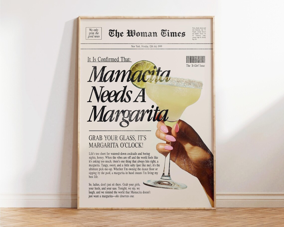 Mamacita Needs A Margarita Retro Newspaper Cocktail Bar Poster