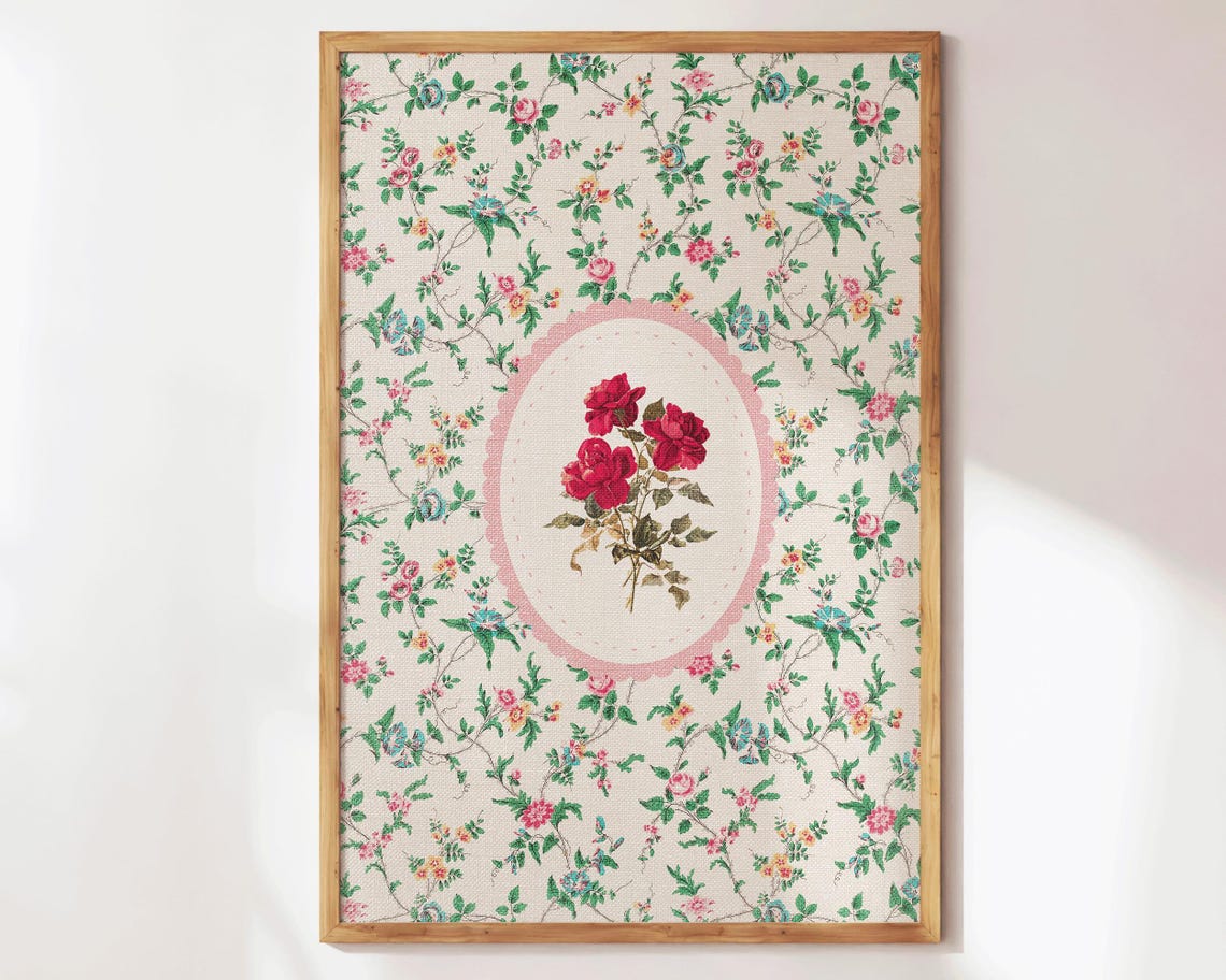 Vintage Floral Roses Wallpaper Pattern Botanical Artwork Poster