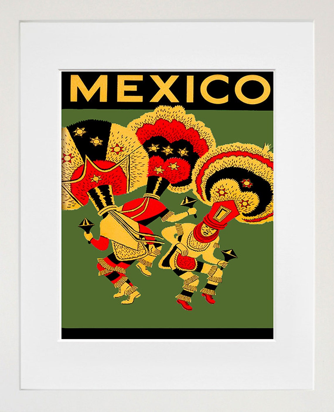 Mexico Folk Dancers Feathered Headdress Vintage Travel Art Poster - Image 2