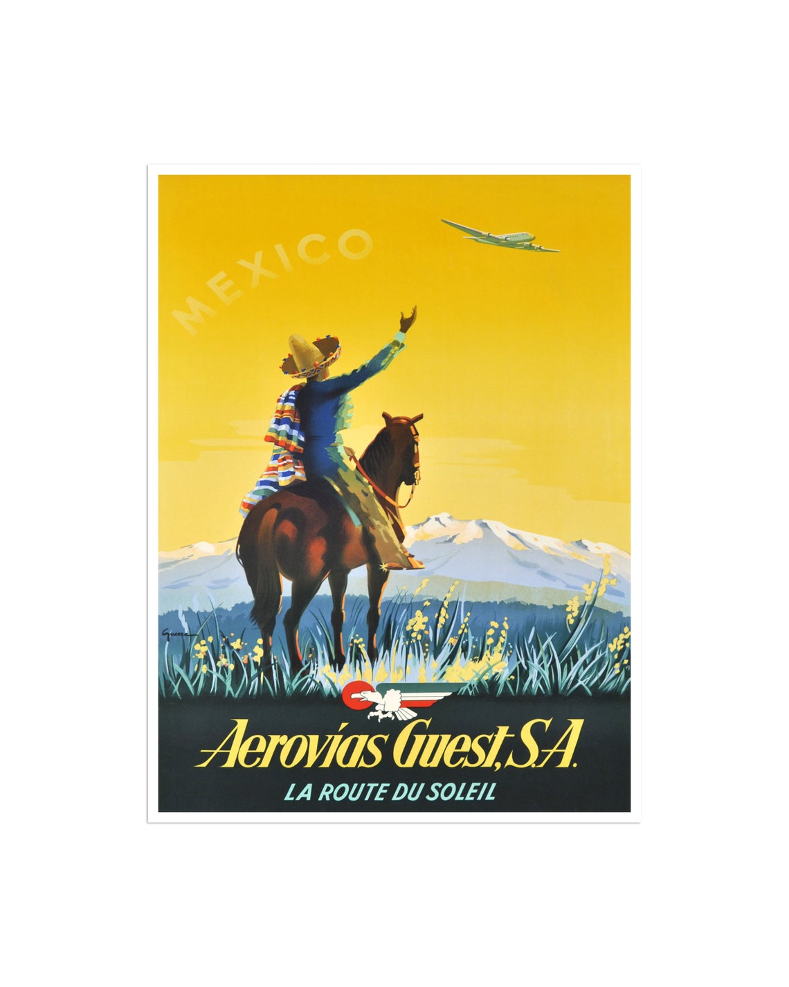 Mexico Aerovias Guest Charro Horseback La Route Du Soleil Poster