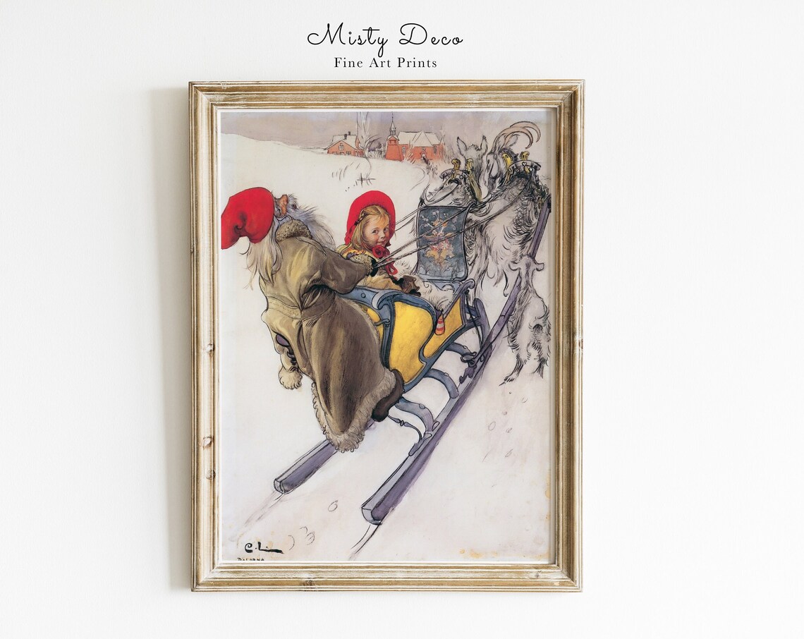 Vintage Carl Larsson Christmas Santa and Boy Sledge Print