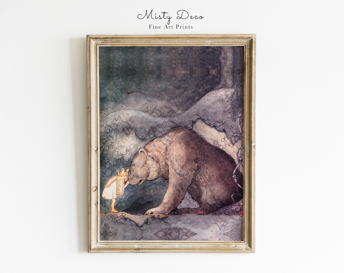 Fairy Tale Princess Kissing Bear Vintage Storybook Art Poster