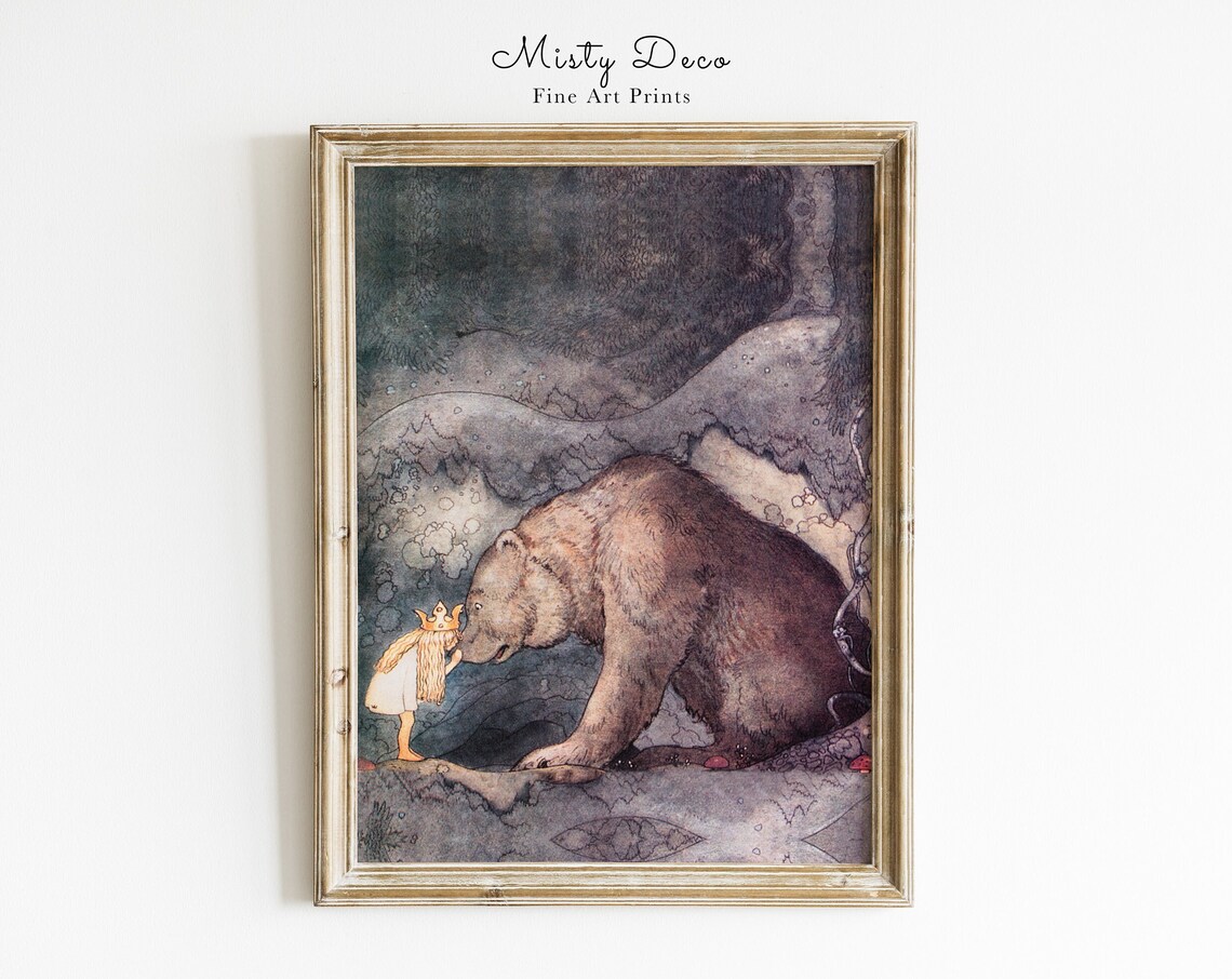 Princess Bella Kisses Bear Illustration Famous John Bauer Wall Art