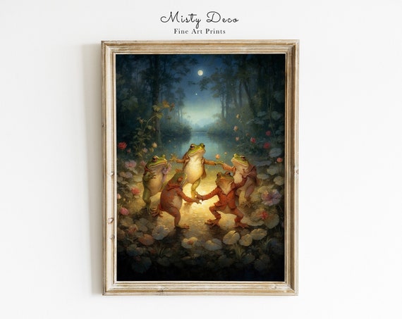 Crazy Dancing Frogs Under Full Moon Illustration For Nursery Or Childrens Room