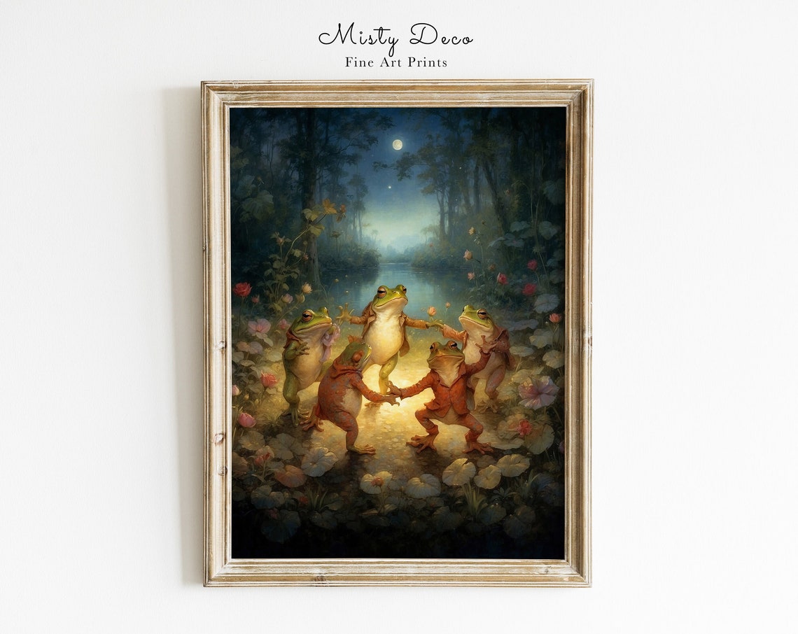 Crazy Dancing Frogs Under Full Moon Illustration For Nursery Or Childrens Room