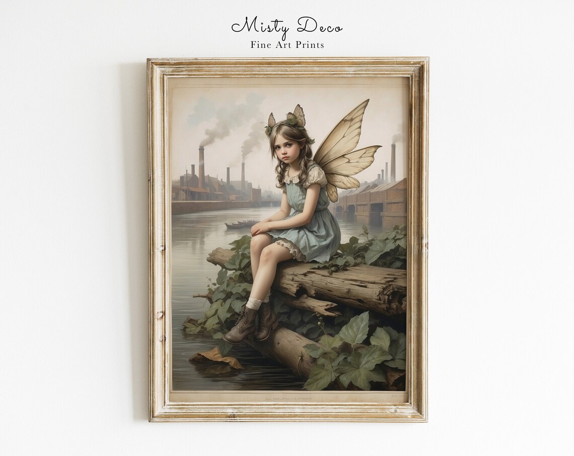 Vintage Fairy Girl River Industrial City Fantasy Wall Poster