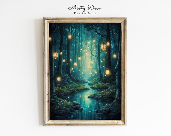 Enchanting Spiritual Forest Illustration Fantasy With Lanterns Print Art Whimsical Fairytale Fairy Tale Fireflies