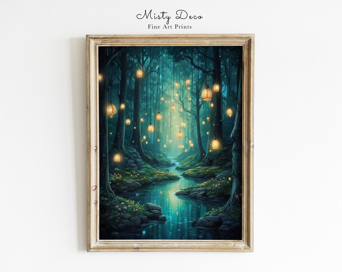 Mystical Night Forest With Hanging Lanterns Over a Stream Poster
