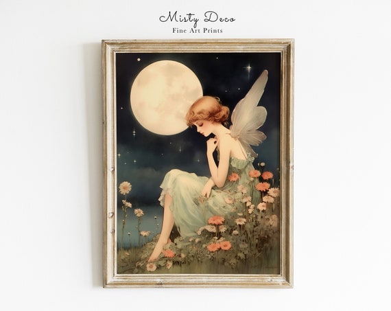 Cute Vintage Fairy And Moon Water Color Painting For Nursery Och Childrens Room Art