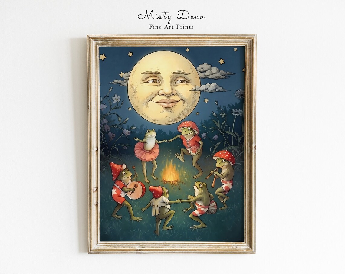 Dancing Frogs Under Full Moon, Vintage Nursery Art Print