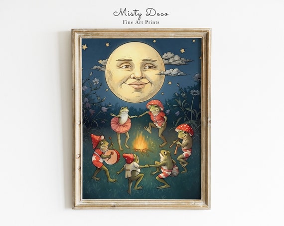 Dancing Frogs Under Full Moon, Vintage Nursery Art Print