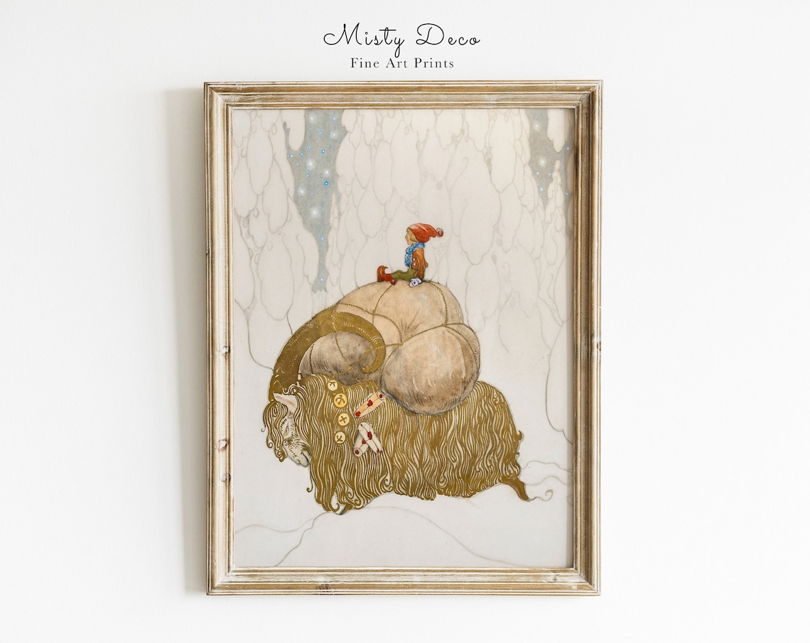 John Bauer Christmas Boy on Goat Vintage Art Print