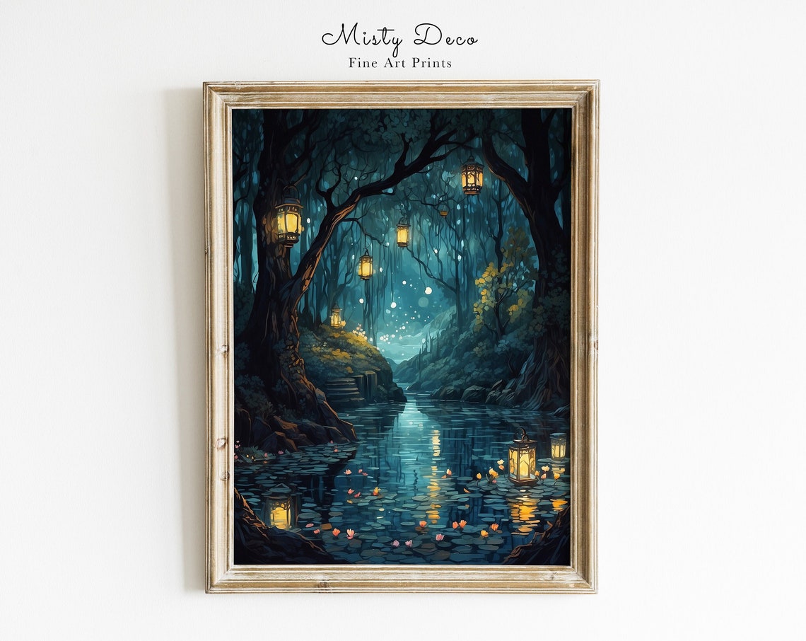 Magical Enchanted Night Forest Lanterns Reflections Lake Wall Art