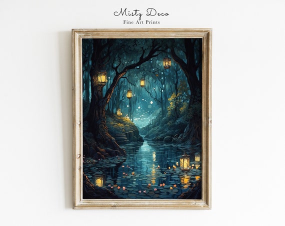 Enchanting Spiritual Forest Illustration Fantasy With Lanterns Print Art Whimsical Fairytale Fairy Tale Kids Room Wall