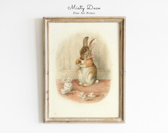 Rabbit Tea Party Illustration, Whimsical Nursery Art Print