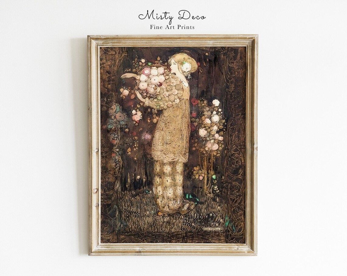 Vintage Fairytale Forest Woman With Flowers Art Print
