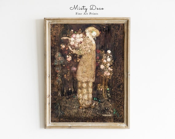 Vintage Fairytale Forest Woman With Flowers Art Print